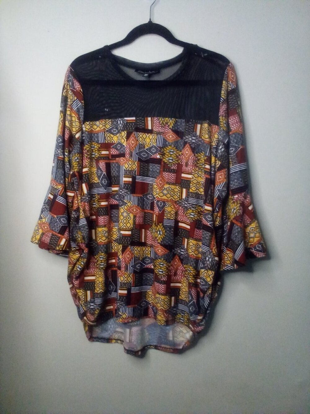 Alison Andrews Blouse Women 2X Half Bell Sleeve Lace Detail Pattern Brown Yellow